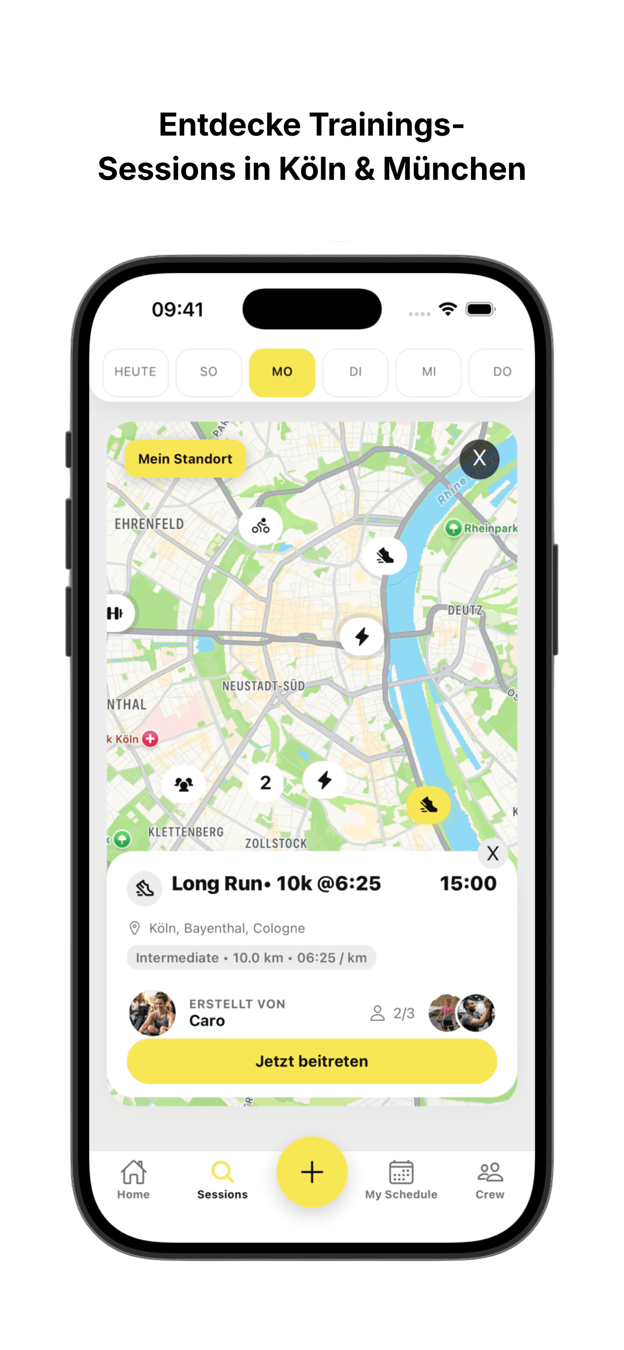 Kartenansicht mit Trainingssessions und Details.