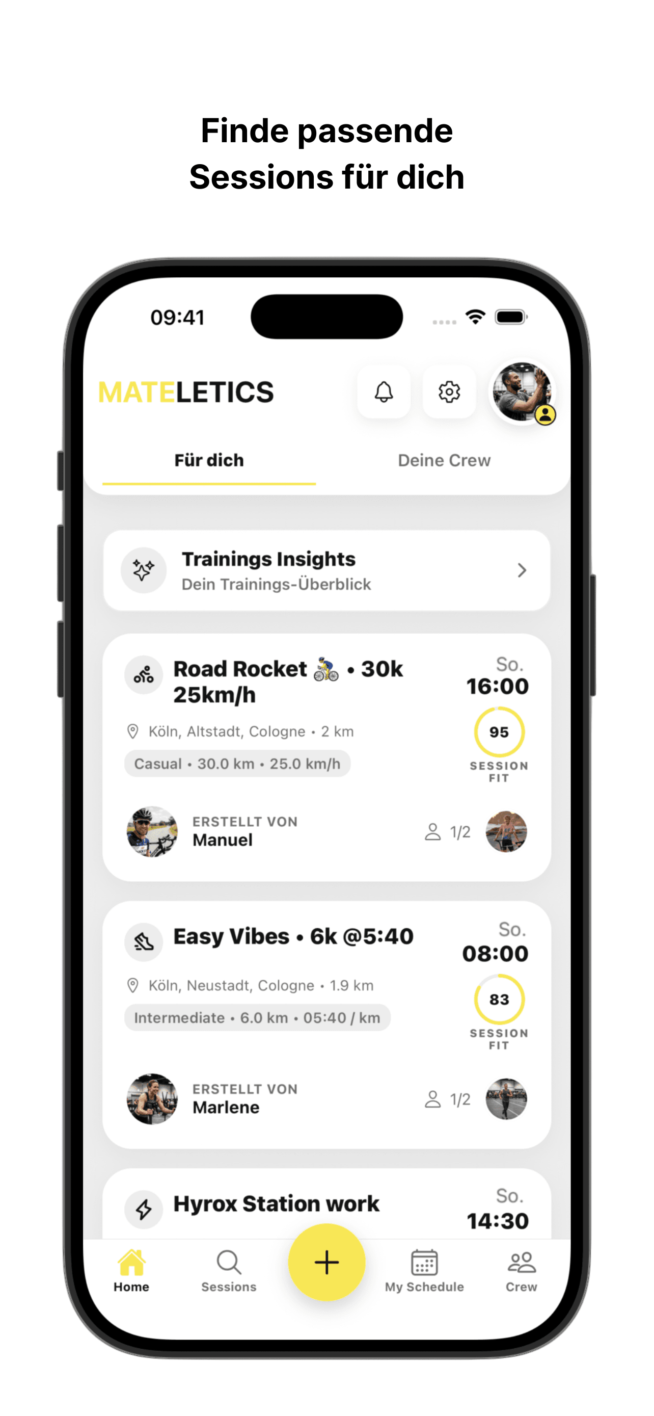 Session-Feed mit Vorschlägen und Match-Werten.