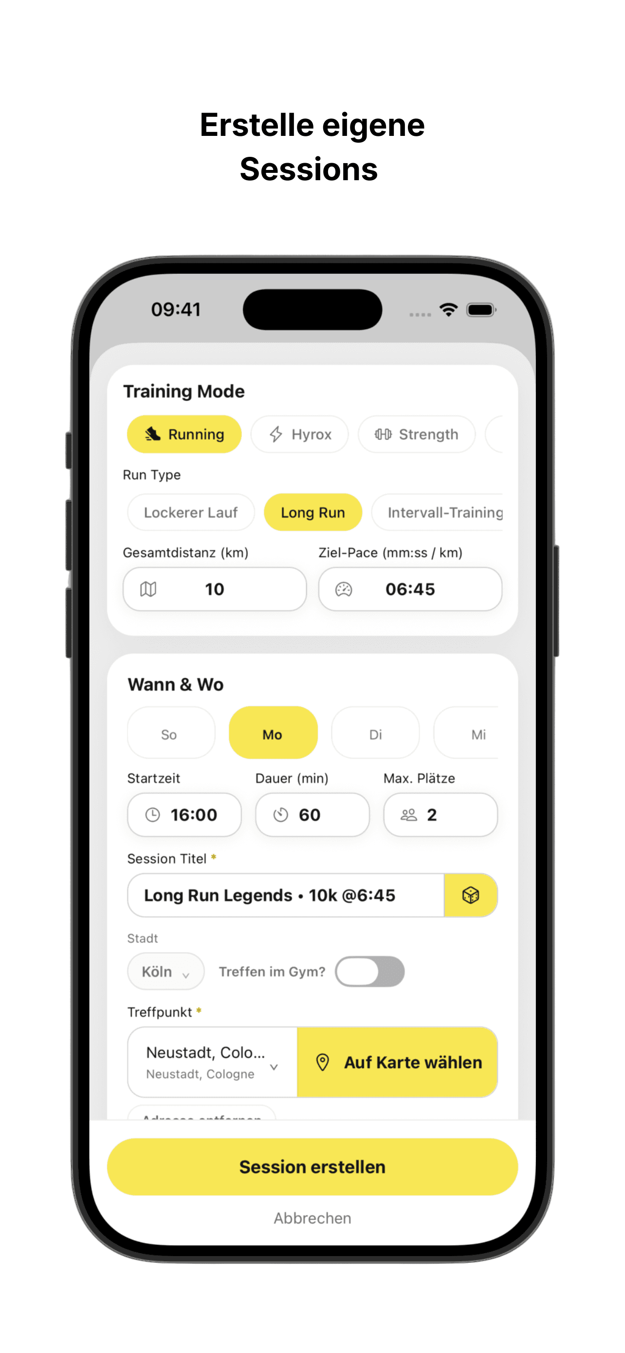 Session-Erstellung mit Zeit, Ort und Details.